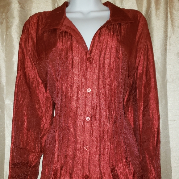 NWOT Coldwater Creek red pleated shimmer button down blouse Womens Large - Picture 3 of 6